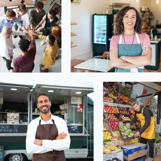 3 images of retailers at work smiling and 1 image of a team meeting.