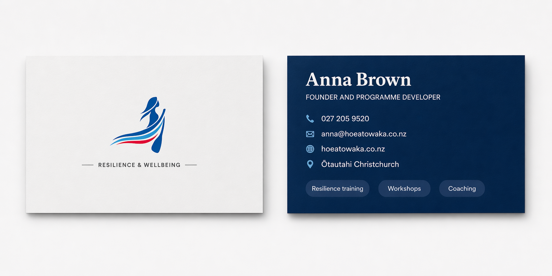 Business card concept sheet for Hoea tō Waka