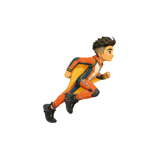 Hugo sprinting quickly in side profile