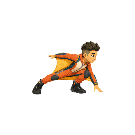 Hugo landing in a crouch in side profile