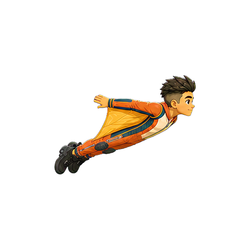 Hugo dashing toward screen-right with both arms swept behind him