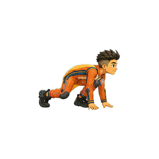 Hugo moving in a low stealth crouch in side profile