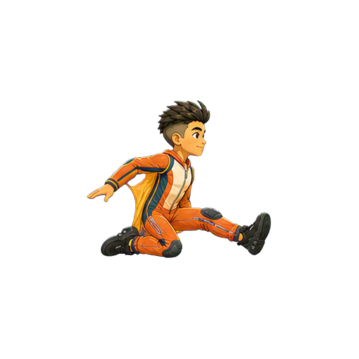 Hugo performing a fast knee slide toward screen-right