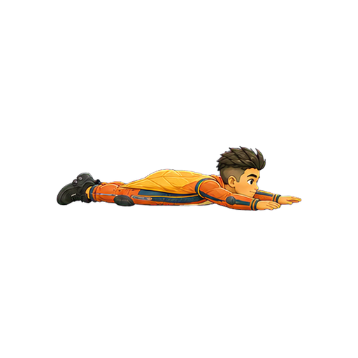 Hugo sliding low across the ground toward screen-right