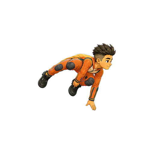 Hugo driving over an implied obstacle in a side-profile speed vault