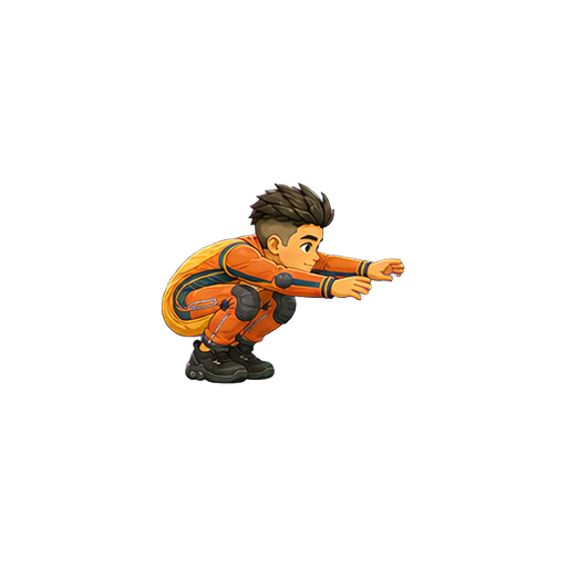 Hugo holding a balanced precision landing crouch