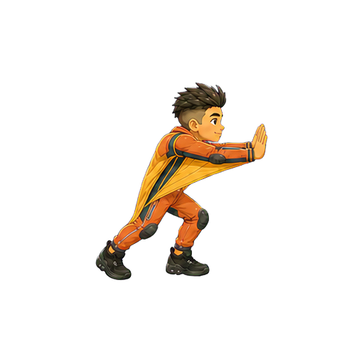 Hugo stopping under control with both palms against an implied wall
