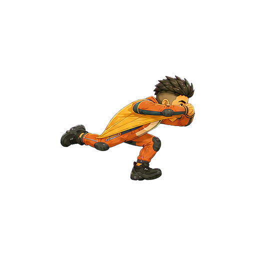 Hugo charging seriously toward a wall with his forearms guarding his face
