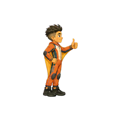 Hugo standing in side profile and giving a friendly thumbs up
