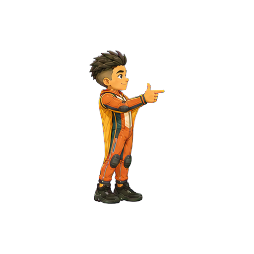 Hugo making a cheeky finger-guns gesture toward screen-right