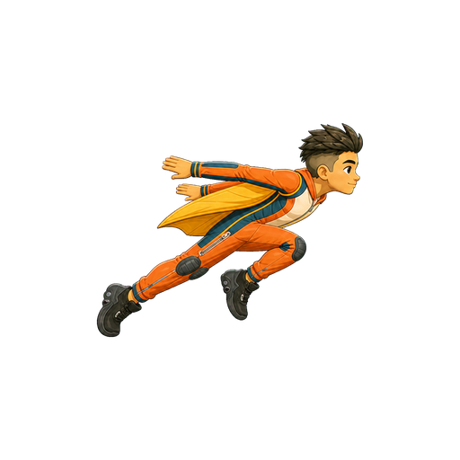 Hugo sprinting screen-right with both arms held straight behind him