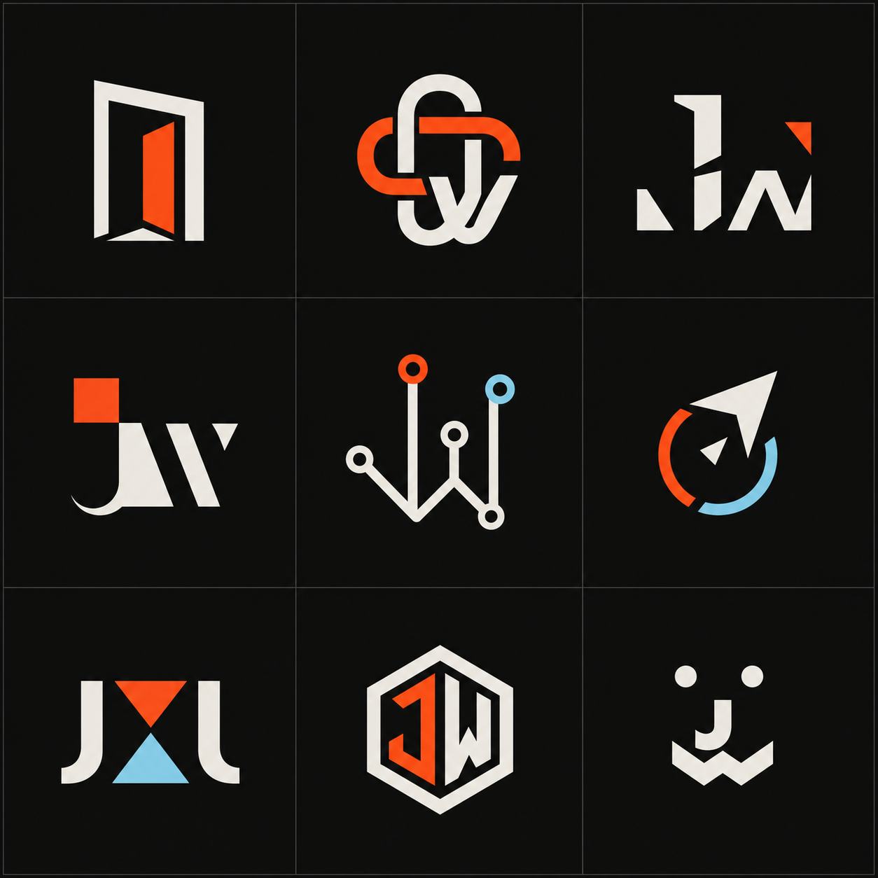 A three by three grid of nine completely new Jamie Wilson logo concepts numbered 10 through 18.