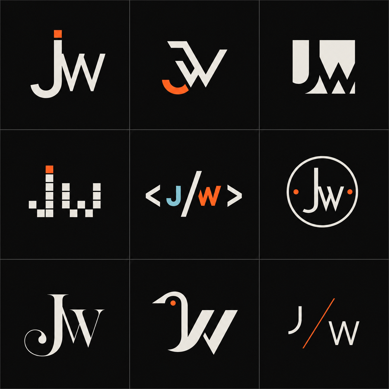 A three by three grid of the original nine Jamie Wilson logo concepts in off-white, orange and blue on black.