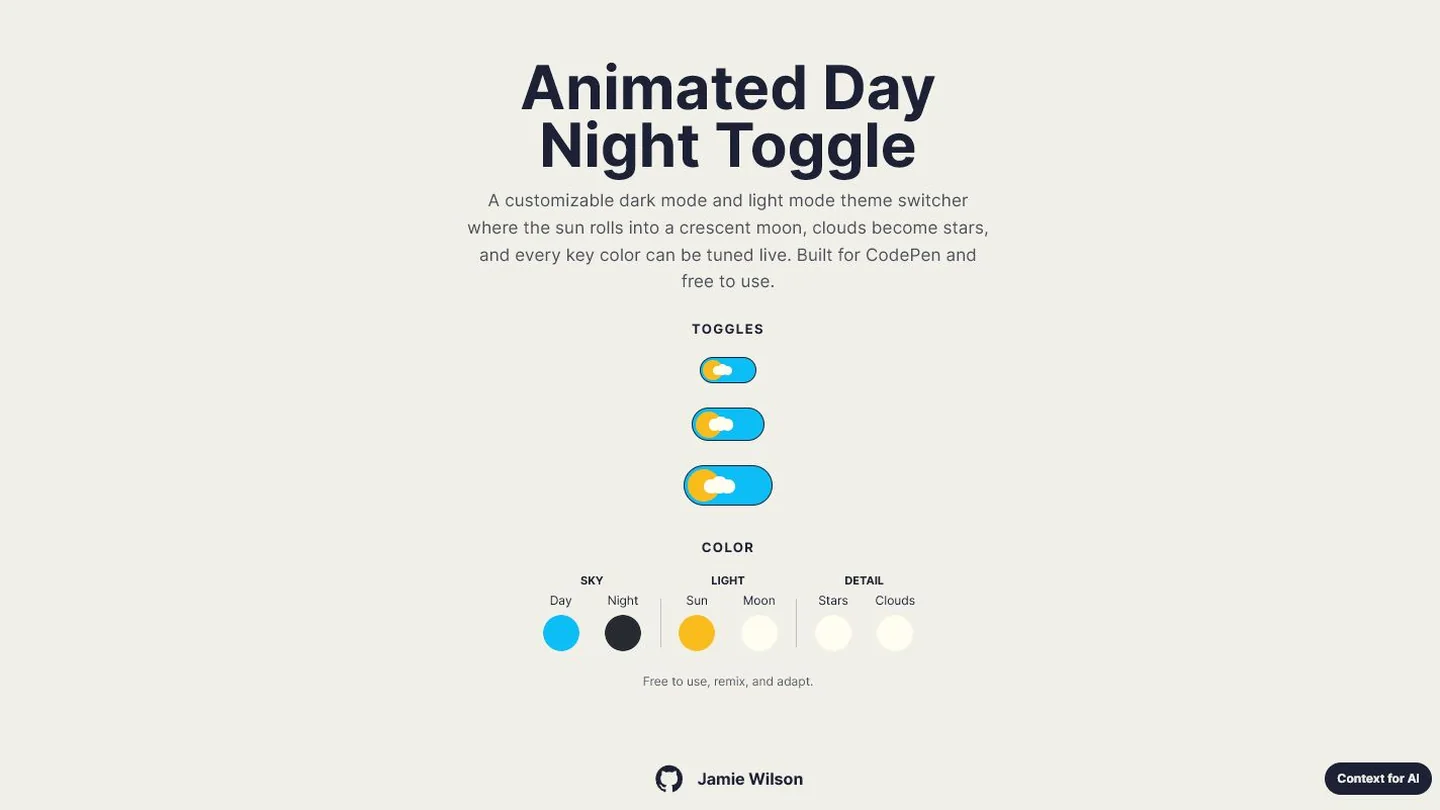 Animated Day Night Toggle website homepage